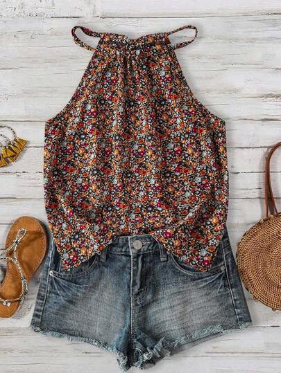 SHEIN LUNE Blusa casual y versátil con estampado floral tipo margarita y cuello halter para mujer de talla grande
