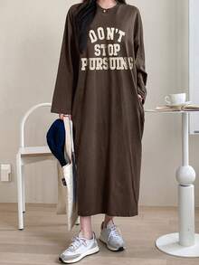 DAZY Women's Letter Print Long Loose Long Sleeve Dress, Spring/Summer/Autumn Dress - Brown - View 6