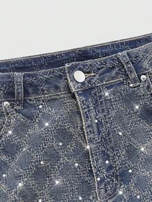 ROMWE MEN Street Life Jeans casuales para hombres lavados y desgastados con adornos de rhinestones - Azul lavado oscuro - Ver 3