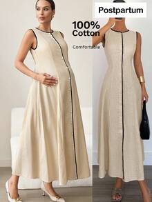 MaterniWear Maternity Clothes Maternity Jumpsuit Elegant Office Attire For Commuting Summer Khaki And Black Trim Round Neck Single-Breasted Sleeveless Maternity Dress, Long Style, Cotton Dress.