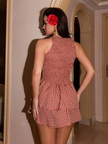 Bris Aura 蓝色格纹无袖修身系带迷你连衣裙，甜美法式夏日度假风 - 彩色 - 查看 2