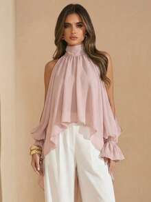 SHEIN BAE Áo cánh dài tay hở lưng thanh lịch, áo sơ mi voan bất đối xứng buộc eo, thích hợp cho tiệc tùng, đám cưới, khách, mùa xuân, mùa hè, mùa thu - Bụi hồng - Xem 1