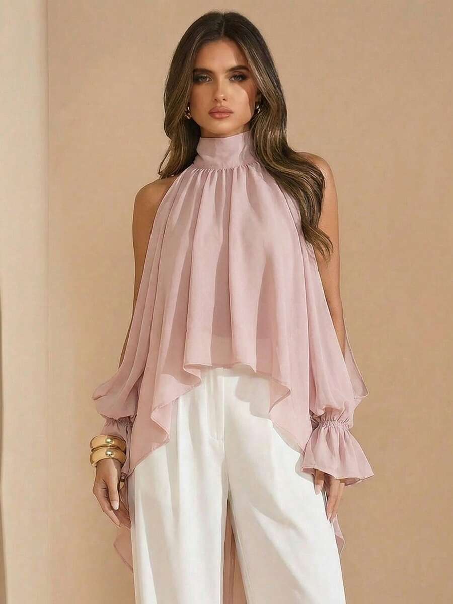 SHEIN BAE Áo cánh dài tay hở lưng thanh lịch, áo sơ mi voan bất đối xứng buộc eo, thích hợp cho tiệc tùng, đám cưới, khách, mùa xuân, mùa hè, mùa thu - Bụi hồng - Xem 1