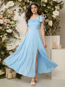 Vestido midi elegante de unicolor con ajuste ceñido, abertura alta, volante asimétrico en el bajo, adecuado para fiestas, banquetes, damas de honor, cumpleaños y otras ocasiones importantes - Azul - Ver 5
