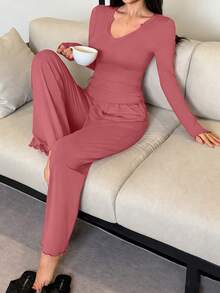 DAZY 两件套纯色舒适针织修身长袖V领T恤和直筒长睡裤女士睡衣套装 - 粉色 - 查看 1