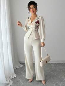 Elenzga Conjunto de 2 piezas elegante bordado para mujer, otoño/invierno - Albaricoque - Ver 4