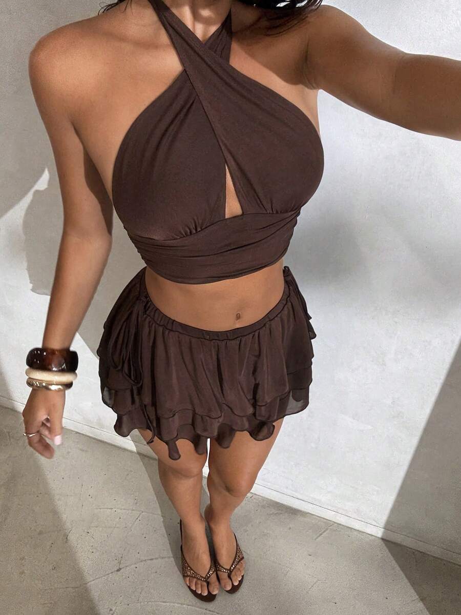 Aloruh Women's Spring/Summer New Elegant Sexy Romantic Simple Fashionable Minimalist Sexy Y2K Music Festival Halter Backless Crop Top And Low Waist Layered Mini Skirt 2-Piece Set