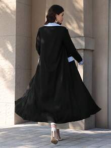 Yasmyna Women's Spring/Summer Black Twill & Blue Striped Faux Pocket Elegant Arabic Abaya Robe - Black - View 2