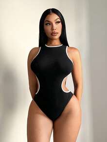 SHEIN SXY 大码女式圆领露腰休闲连体衣 - 黑色 - 查看 8