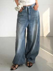 DAZY Vintage Washed Loose Fit High Waist Wide Leg Jeans, Versatile Light Blue Denim Pants For Women, Winter Y2k - Light Wash - View 8