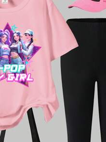 2pcs/Set KPOP Graphic Print Top, Tween Girl Crew Neck Sweatshirt And Leggings Set, Fashionable Casual, Suitable For Autumn/Winte - Multicolor - View 4
