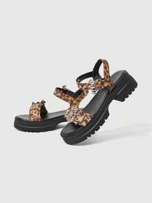 Sugerpunk Women's Platform Wedge Sandals Dark Rock Punk Goth Shoes Summer Open-Toe Belt Buckle Y2K Party Shoes Summer Open-Toe Roman Beach Sandals - leopard print - View 3