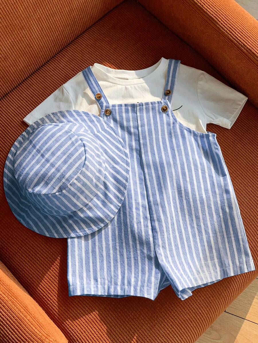 SHEIN Bộ 2 món gồm quần yếm và mũ cho bé trai/bé gái, màu xanh dương và trắng kẻ sọc, kiểu quần short và mũ ngư dân, thích hợp mặc ở nhà, đi chơi hoặc đi biển. - Nhiều màu - Xem 1