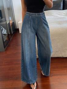 DAZY 女士常规腰线修身开衩直筒休闲牛仔裤 - 中等水洗藍 - 查看 2