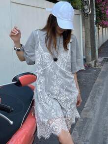 DAZY 女士蕾丝拼接二合一短袖连衣裙太阳裙，休闲女装