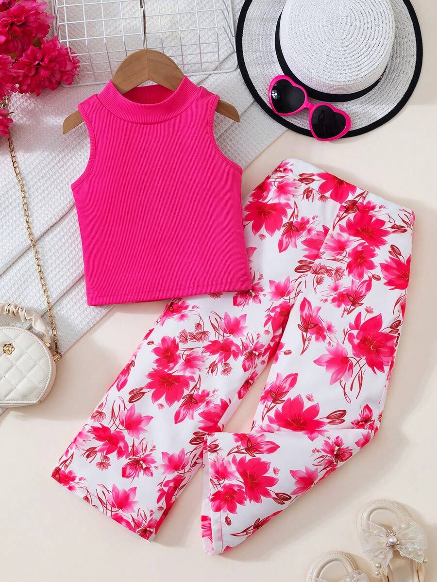 SHEIN Setelan 2 Potong Musim Panas untuk Anak Perempuan, Atasan Tanpa Lengan Bergaris Warna Fuchsia dan Celana Panjang Lurus Motif Bunga, Pakaian Liburan Ulang Tahun Pertama Anak, Liburan yang Nyaman