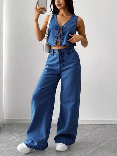 SHEIN Conjunto de 2 piezas de chaleco sin mangas de mezclilla azul y pantalones sueltos de cintura baja para niñas adolescentes y jóvenes, ropa casual de vacaciones de estilo boho para niñas, atuendos de playa, ropa urbana occidental, atuendos de primavera, atuendos de rave y festivales, conjunto de mezclilla para graduación
