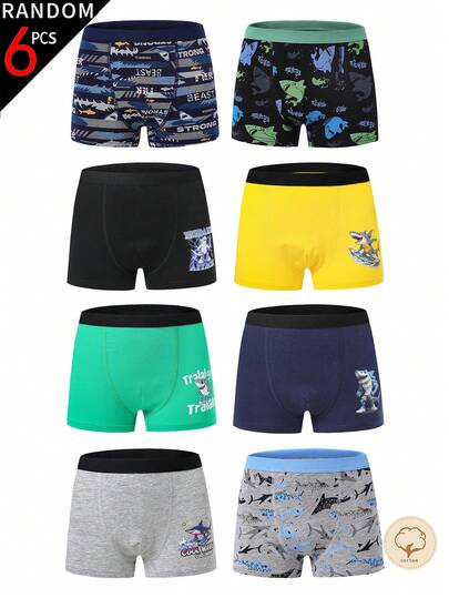 Young Boys Undershirt-6 Pack Random Boxer Briefs Variety Of Colors Cartoon Dinosaurs Sharks Camouflage Playful Prints Lightweight Soft Stretch Fit Layering Everyday Sleep Travel School Casual Four Season Holiday 2026 Essential Gift Boys Boxers Briefs Packs Multicolor Cotton Blends Shortie For Young Boys With Cute Striped Pattern And Contrast Details
