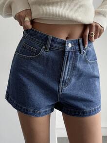 Livesso Quần short denim nữ màu trơn kiểu retro thường ngày. - Rửa trung bình - Xem 3