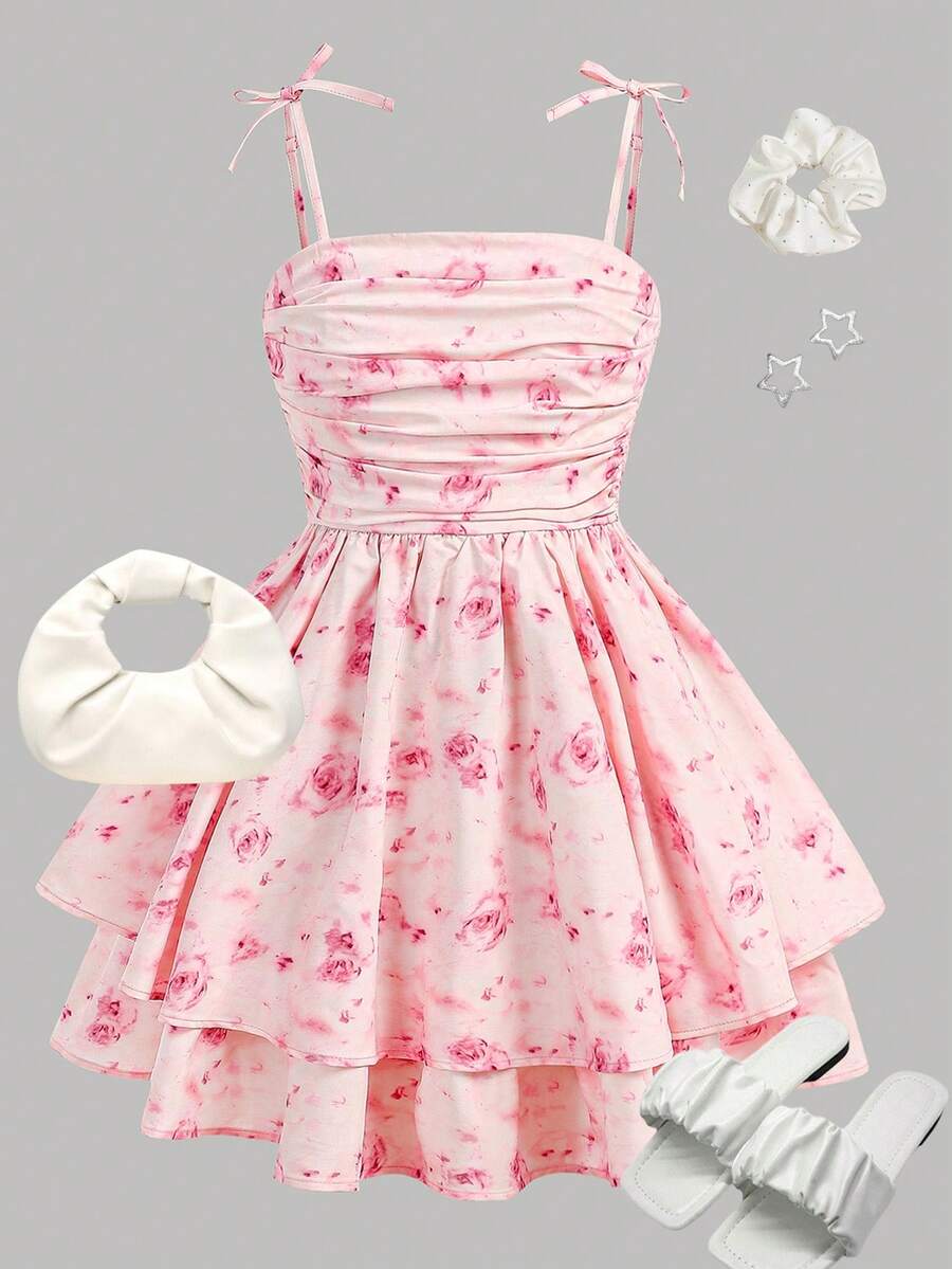 Girlism 少女粉色碎花褶皱腰带蝴蝶结层叠下摆短连衣裙，休闲夏季度假连衣裙 - 粉色 - 查看 1