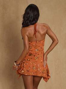 SHEIN PETITE Women's Orange Sequin Sexy Backless Asymmetrical Hem Mini Dress, Sleeveless Halter Neck Party Vacation Dress, Fashionable Versatile Cocktail Dress For Party, Vacation, Music Festival - Multicolor - View 2