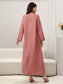 Al Najma Áo Abaya dài tay cổ chữ V, dáng xòe, thêu hoa, màu hồng. - Hồng - Xem 6