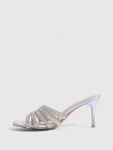 CUCCOO SZL Women's Fashion Square Toe Voltage Upper Rhinestone Decorative Stiletto Party Sandals Prom Heels Summer Shoes - Light Grey - View 4