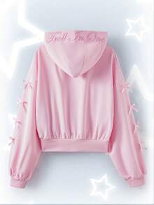 SHEIN Trolls Women's Casual Letter Pattern Bow Decor Zip-Up Hooded Sweatshirt , Autumn - وردي فاتح - مشاهدة 2