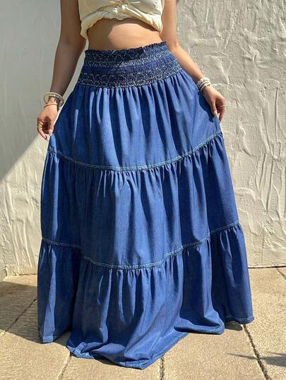 Sunnyshic 大码女式休闲优雅美式乡村牛仔印花及膝裙