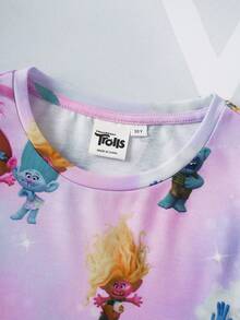 SHEIN Trolls Tween Girl Casual Cartoon Pattern Round Neck Short Sleeve Dress, Summer - Pink - View 6
