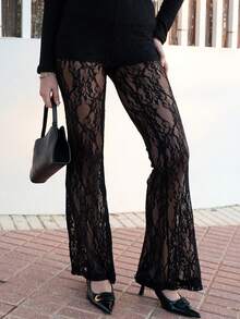 Hitanina 女士高腰喇叭蕾丝针织度假裤 - 黑色 - 查看 3