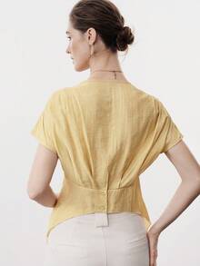 Aalyst Women's Spring/Summer Casual Blouse, Elegant V-Neck Crossover Pleated Design, Slim Fit Short Sleeve Shirt, Yellow - Yellow - View 2