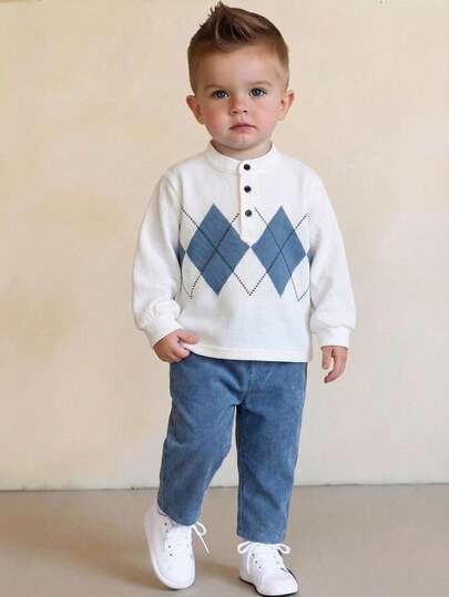 SHEIN 2件套男婴休闲可爱菱格纹长袖polo衫和蓝色裤子（含腰带），男婴服装，套装