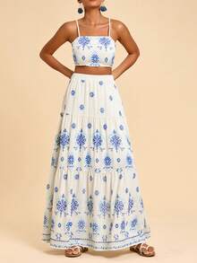 Travachic Women Boho White Folk-Custom Embroidered Spaghetti Strap Camisole Top And Maxi Skirt Two Piece Outfit - White - View 4