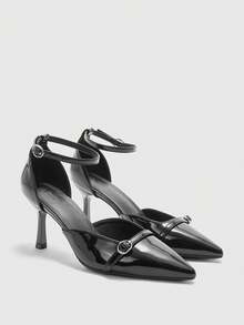 CUCCOO BIZCHIC Black Pointed Toe Stiletto Ankle Strap Women's High Heel Pumps, Hollow Out Sexy Dress Shoes For Work, Party, Event Valentine's Day - Black - View 7