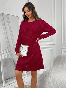 EMERY ROSE 女士时尚通勤闪亮迷你连衣裙 - 酒紅色 - 查看 7