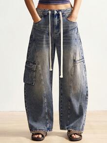 Bohemela 女士多段式多口袋腰带抽绳前拉链牛仔裤，适合春夏度假穿着，春季女装，女士裤装，春季黑色牛仔裤 - 深灰色 - 查看 4