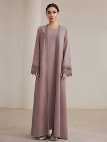 Graceveil 2pcs Women Traditional Long Dress & Abaya Coat Set Modest - Pink - View 7