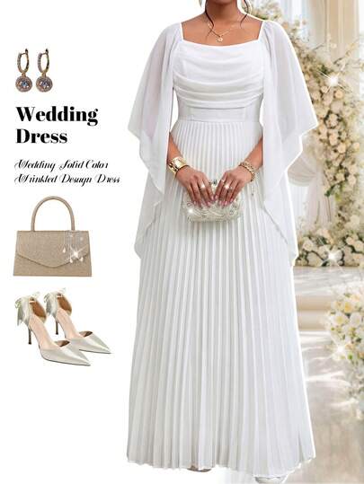 Fleurora Spring And Summer Elegant Modest Party Wedding Valentine's Day  Cocktail Party Concert/Music Festival White Woven Chiffon Square Neck Flared Flowy Flounce Sleeve Contrast Mesh Pleated Long Short Sleeve Plus Size Dresses White Dresses White Dresses For Women Formal Dress Formal Dresses For Women Women's Formal Wear Elegant Dresses For Women Elegant Dresses For Ladies Elegant Dress Wedding Guest Dress For Women Wedding Party Dress Weddings & Events Party Dress Elegant Party Dresses For Women Valentine's Day Dress Valentines Day Outfit Summer Dresses Plus Size Elegant Solid Color Square Neck Ruched Hem Midi Dress