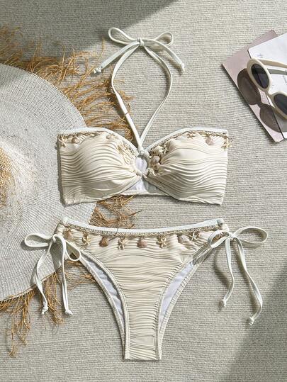 Swim Vcay 女士两件式纹理面料比基尼套装，海洋主题装饰，休闲度假款