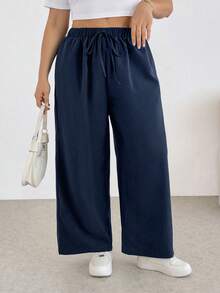 SHEIN Essnce Plus-Size Women's Spring/Summer Fashionable Casual Loose Comfortable Everyday Basic Versatile Slimming Elastic Waist Dark Blue Wide-Leg Pants,Women Bottom,Spring Clothes,Simple Style,Work Pants,Baggy Pants - Red - View 6