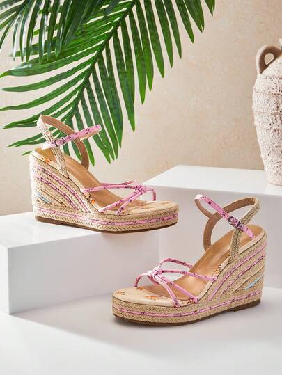 Solezae Women's Elegant Cute Floral Print Ankle Strap Espadrille Wedge