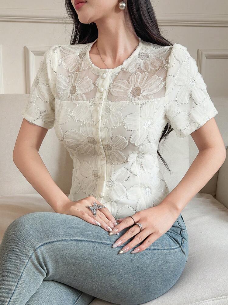 Women's Elegant Lace Round Neck Blouse, Waist Cinched Design, Casual For Commute, Suitable For Spring, Summer, Valentine's Day, Wedding