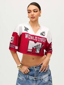 MTV | SHEIN Women's Summer Street Patchwork Mesh Letter Graphic Cropped Drop Shoulder T-Shirt - Red and White - View 5