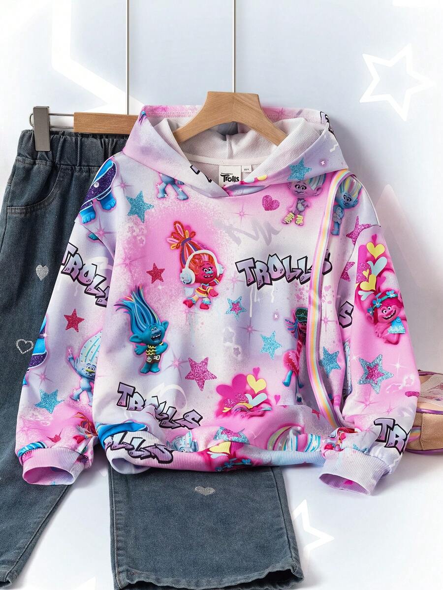 SHEIN Trolls Tween Girl Casual Letter Graphic Sweatshirt, Autumn - Pink - View 1