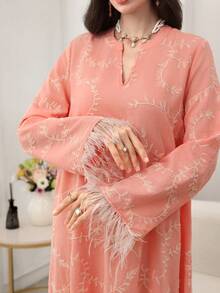 Yasmyna Feather Trim Embroidered Loose Flared Hem Elegant Women Dress