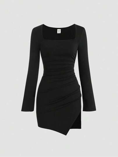 Tween Girl Solid Color Square Neck Long Sleeve Fitted Mini Dress With Bow Decor, Suitable For Daily, Casual, Party, And Commuting