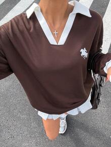 Muchica Female Carnival Costume  Brown And White Ribbon V-Neck Long-Sleeved T-Shirt, Suitable For Spring And Autumn. - Brown - View 4
