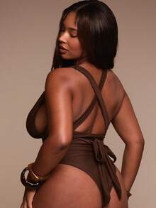 MUSERA 大码深V领系带泳衣，春夏复活节海滩度假优雅旅行泳装沙滩装 Terra Sol - 棕色 - 查看 4