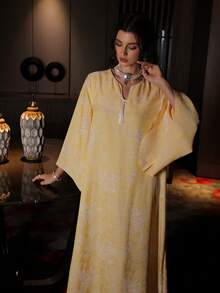 Al Najma Jacquard Batwing Sleeve Fashionable Loose Tassel Flared Hem Elegant Party Dress For Women - Yellow - View 7